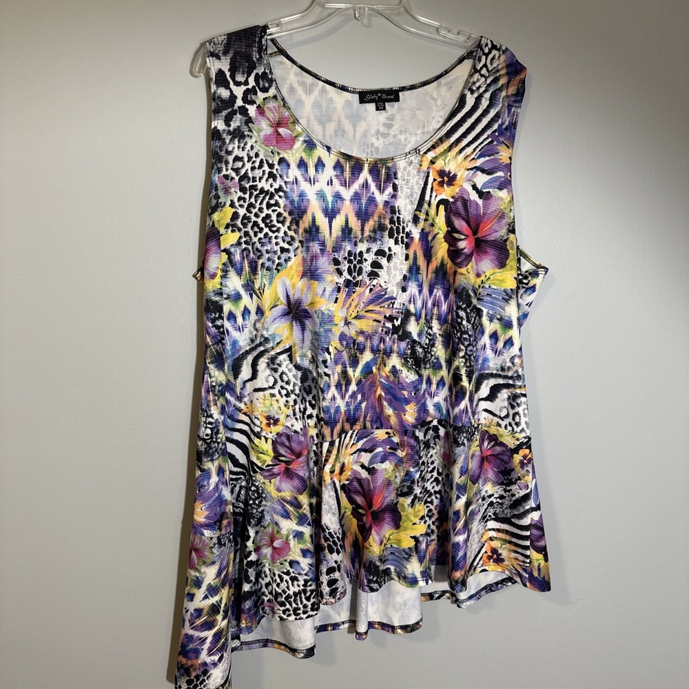 SLINKY BRAND Women's Sleeveless 2X Springtime‎ Floral Multi Colored Top Tank